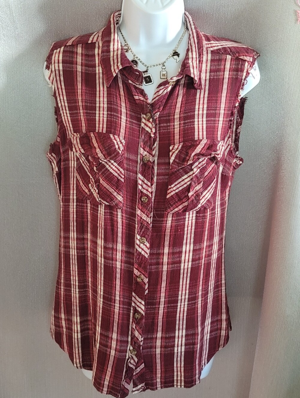Sleeveless Burgundy Plaid Button-Front Women's Top